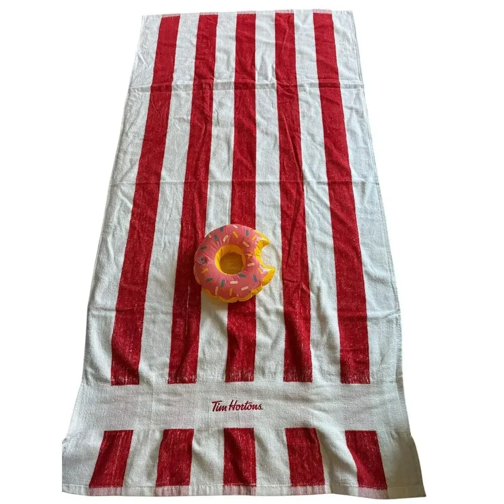 Tim Hortons Large Beach Pool Bath Towel With Inflatable Drink Holder Donut READ